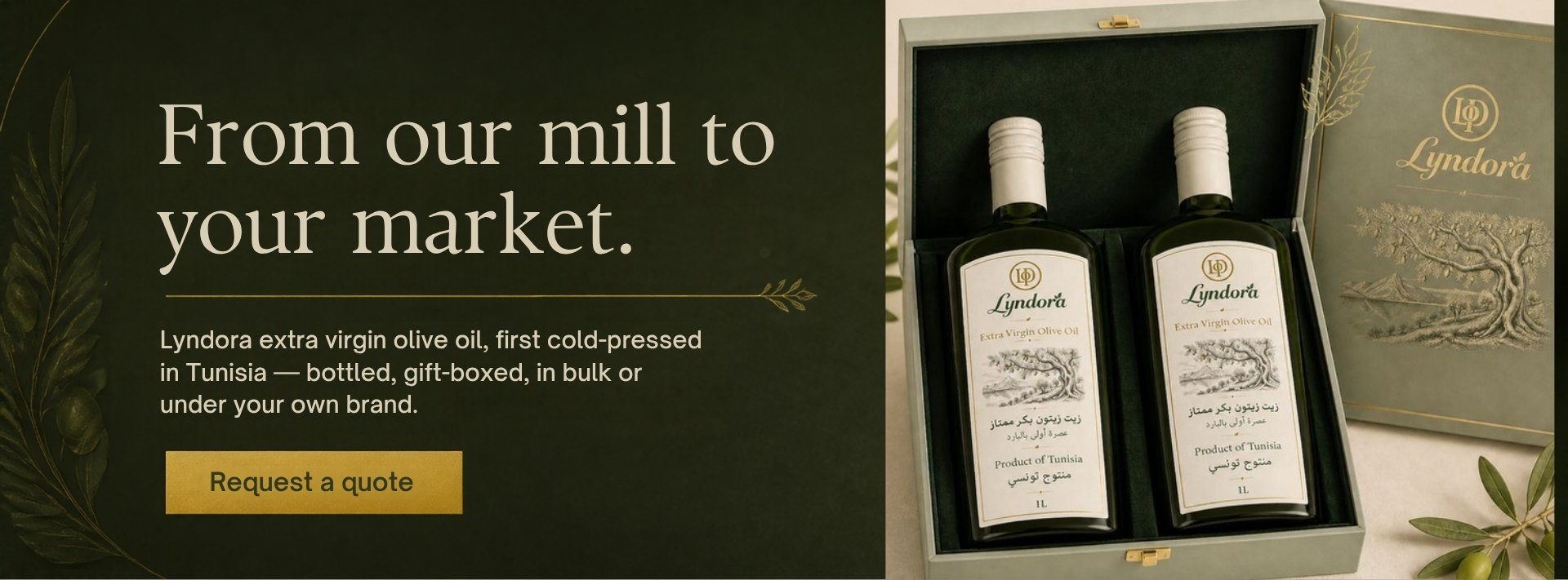 Lyndora — From our mill to your market. Extra virgin olive oil, first cold-pressed in Tunisia. Request a quote.