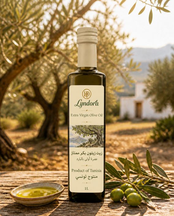 A bottle of Lyndora olive oil in an olive grove