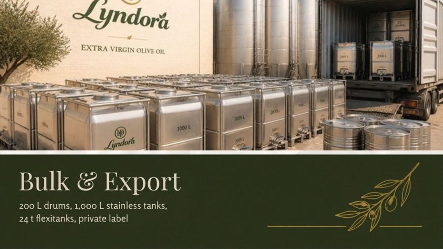 Bulk & Export — 200 L drums, 1,000 L stainless tanks, 24 t flexitanks, private label