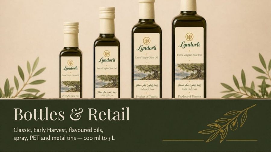 Bottles & Retail — Classic, Early Harvest, flavoured oils, spray, PET and metal tins, 100 ml to 5 L
